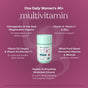 A True Grace One Daily Women's 40+ Multivitamin promo graphic highlights immune support, balance, bone density, organic mushrooms, coenzyme B vitamins, and food-based vitamins with the bottle centered on a purple background.