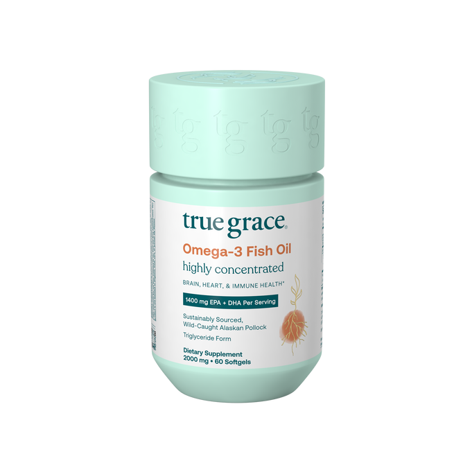 True Grace Omega-3 Fish Oil offers 1400 mg EPA & DHA per serving from sustainably sourced Alaskan fish in a mint green bottle, containing 60 concentrated softgels.
