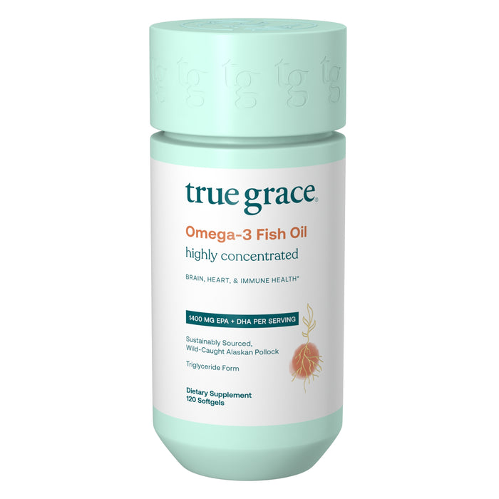A True Grace Omega-3 Fish Oil bottle with a light green cap and label, featuring highly concentrated EPA & DHA from sustainably sourced wild-caught Alaskan pollock.