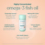 A bottle of True Grace Omega-3 Fish Oil is centered, surrounded by benefits: sustainably sourced, 1400mg EPA & DHA, supports cardiovascular and cognitive health, boosts immunity, and helps joint health—all on a light peach background.