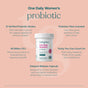 Infographic for True Grace One Daily Women’s Probiotic - Digestive, Vaginal & Immune Health features 12 strains, prebiotic fiber, 90 billion CFU, purity testing, and delayed-release capsule. Product bottle displayed in the center.