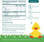 Supplement facts label for True Littles™ Probiotic + D3 Packets - Immune & Digestive Health* by True Grace, with icons for soy, gluten, and dairy free. Suggested use included. A yellow duckling on grass promotes microbiome health.