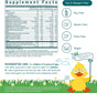 The supplement facts label for True Grace True Littles Daily Kids Multivitamin Gummies lists vitamin and mineral amounts. Icons show it's free of the top 9 allergens, soy, gluten, dairy, and is vegan. A cartoon duck highlights vegan vitamins D3 and K2.
