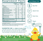 The True Grace True Littles Daily Kids Multivitamin Gummies supplement facts label displays nutrition info and daily values. Icons show it's soy, gluten, dairy free, and vegan. A cartoon duck in glasses highlights key growth nutrients like vitamin D3 and K2.