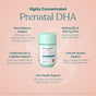 A bottle of True Grace Prenatal DHA sits on a peach background, surrounded by text highlighting benefits: omega-3s for mood balance, heart and brain support, joint and immune health, plus triglyceride-form EPA & DHA.