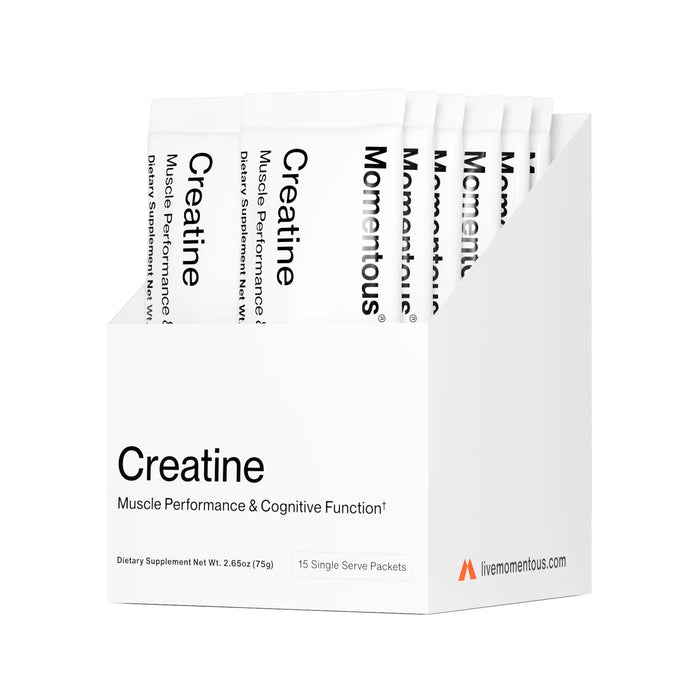 Momentous Creatine - Creapure - Single Serve offers 15 packets of Creapure® creatine monohydrate for muscle performance and cognitive function, in a sleek white box with bold black text.