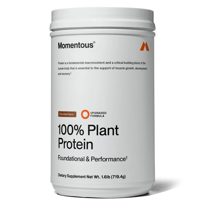 A white Momentous Plant Protein container in chocolate flavor features black and orange text, an NSF Certified for Sport label, and highlights its amino acid profile supporting muscle growth, development, and recovery.