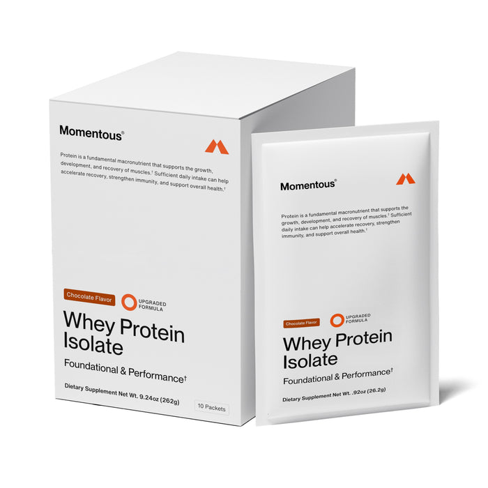 A white box and packet of Momentous Whey Protein Single Serve in chocolate flavor with minimalist black and orange text. Both highlight Foundational & Performance, mention grass-fed protein, and list the product as a dietary supplement.
