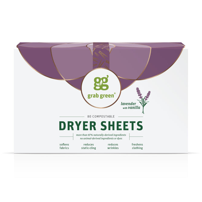 Box of 80 Grab Green Classic Dryer Sheets in lavender with vanilla scent. The white package has green text, purple accents, and lavender illustrations, offering fabric softening, static reduction, and effective freshness.