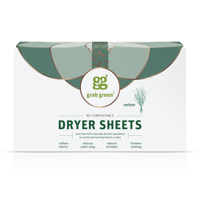Grab Greens new Classic Dryer Sheets feature a green design with 80 Compostable Sheets on the packaging. Infused with vetiver, each sheet softens fabrics, reduces static cling, minimizes wrinkles, and refreshes clothing effortlessly.