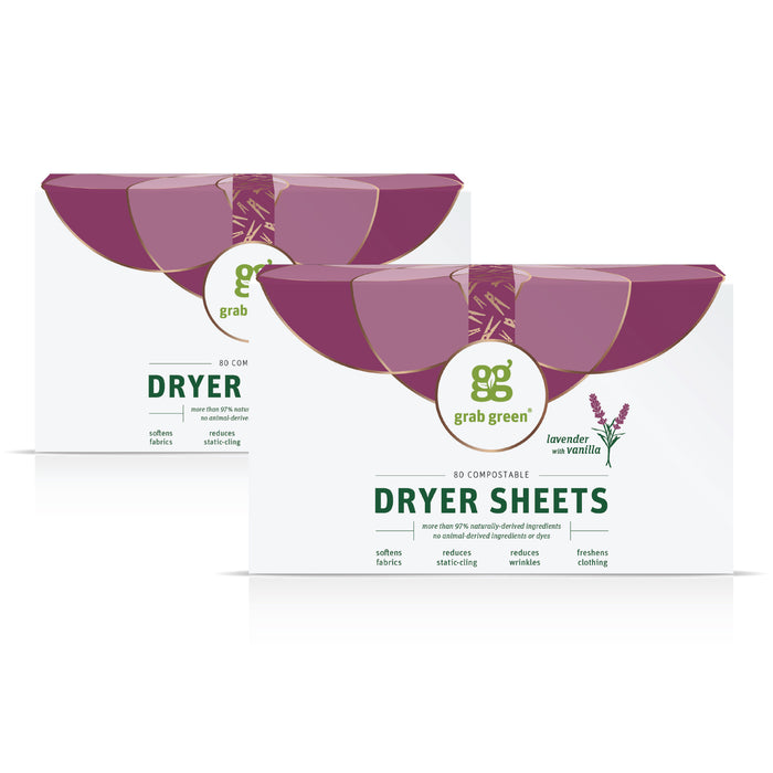 Two boxes of grab green Classic Dryer Sheets - Lavender with Vanilla - NEW, each with 80 sheets, boast purple floral designs and highlight benefits such as fabric softening and static reduction for improved freshness.