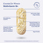 A labeled diagram of Ritual Women's Multivitamin 18+, clinically backed for women 18+, with Omega-3 DHA, bioavailable nutrients, patented beadlet oil technology, vegan and non-GMO for optimal absorption. Includes a Mint Essenced badge.