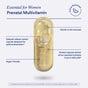 A clear capsule labeled Ritual Women's Prenatal Multivitamin with visible beads, featuring text: gentle on stomach, delayed-release, vegan-friendly, with choline and omega-3 DHA, nested capsules, and a hint of citrus essence.
