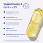 An image of a translucent yellow Omega 3-DHA capsule by Ritual, made from microalgae oil. Highlights: science-backed DHA+EPA for brain and heart health, patented tech, minimal burp-back, citrus oil infusion. Citrus icon at the top.