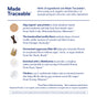 An infographic titled Made Traceable® from Ritual’s Essential Protein Daily Natal details ingredient sources for protein pea, handcrafted vanilla, fermented sugarcane, L-Methionine, and L-Theanine—showcasing transparency in pregnancy protein powder.