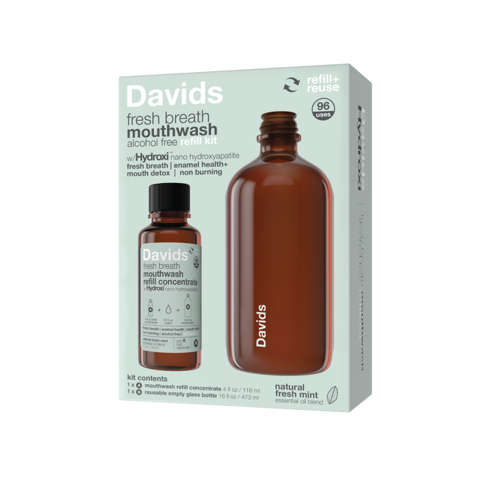 A box of Davids Hydroxi Fresh Breath Mouthwash Refill Kit w/nano-Hydroxyapatite includes a small concentrate and large brown glass bottle; packaging notes it is alcohol-free, vegan, fluoride-free, natural, and provides 96 uses.
