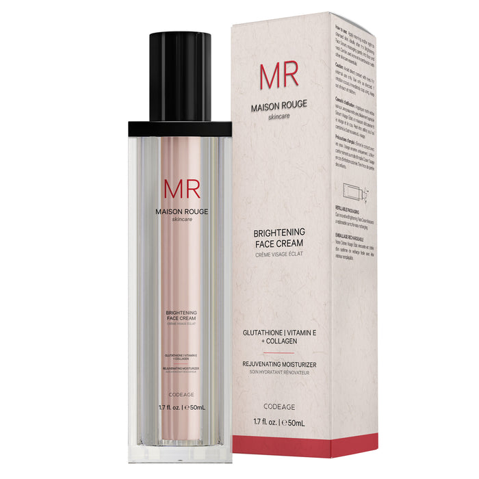 A bottle of Codeage Brightening Face Cream with glutathione stands next to its matching white and pink box, featuring product details, branding, a black pump dispenser, and highlighting its refillable packaging.