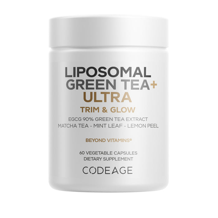 Codeage Liposomal Green Tea+ Ultra comes in a white bottle with 60 vegetable capsules featuring green tea extract (EGCG 90%), matcha tea, mint leaf, and lemon peel in a liposomal delivery dietary supplement.