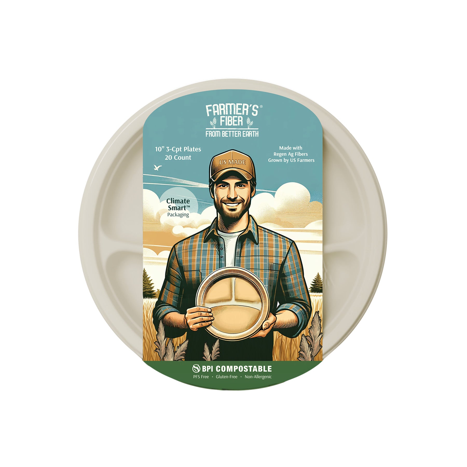 A round, beige 10 3 Comp Farmers Fiber Collection plate by Better Earth is shown. The label features an illustrated man in plaid with a plate and reads “Farmer’s Fiber,” highlighting its PFAS-free, eco-friendly benefits.