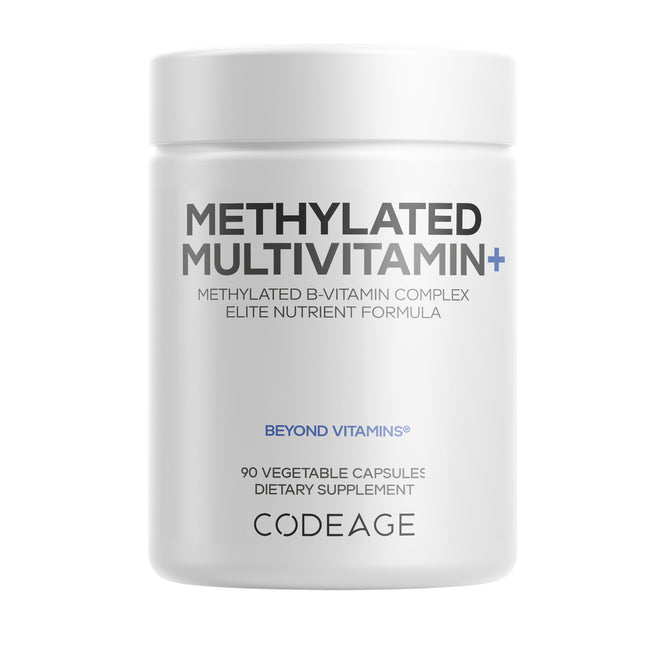 Codeage Methylated Multivitamin+ is a white bottle with 90 vegetable capsules, offering a methylated B-vitamin complex plus essential vitamins and antioxidants.