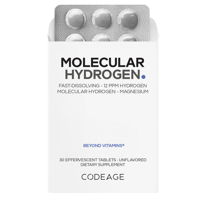 A white Codeage Molecular Hydrogen box holds a blister pack of 30 unflavored, effervescent tablets with hydrogen and magnesium for hydration support. The fast-dissolving tablets are highlighted on the packaging.