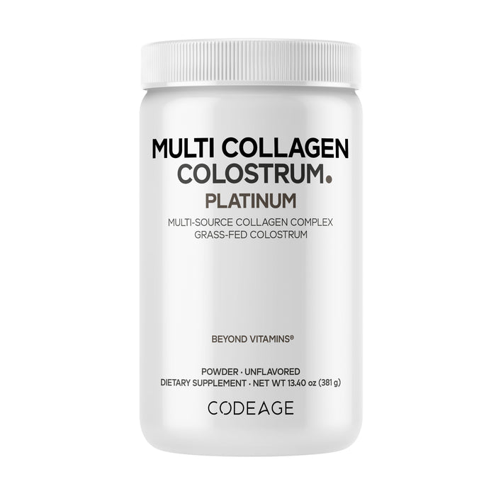 A white 13.40 oz container labeled Codeage Multi Collagen Colostrum Platinum features a multi-source collagen complex with collagen peptides and grass-fed colostrum powder. The minimalist design highlights black text.