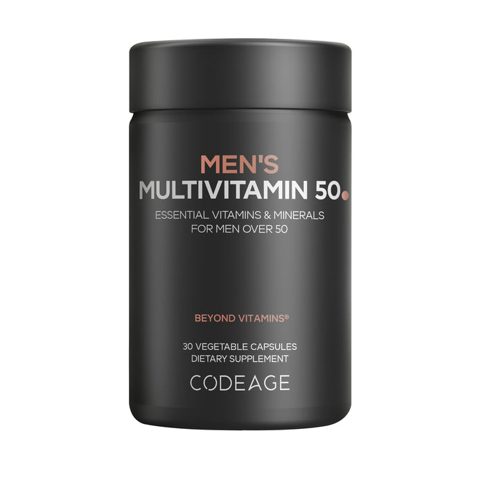 A black bottle labeled Codeage Mens Multivitamin 50 30ct, with 30 vegetable capsules. Crafted for men over 50, it provides essential vitamins and minerals to support vitality and well-being.