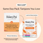 Two boxes of The Honeypot Company Duo Pack Tampons are displayed in new packaging, featuring labels like “Find your Absorbency,” “Cotton Comfort,” and the option for a Tampon Variety Pack.