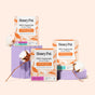 Three boxes of The Honeypot Company Duo Pack Tampons are displayed on purple platforms, surrounded by cotton stems, highlighting the tampon duo pack against a light beige background.