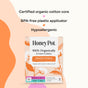 A box of The Honeypot Company Duo Pack Tampons is shown. Text above highlights certified organic cotton core, BPA-free plastic applicator, and hypoallergenic features. The box contains 18 regular absorbency natural tampons.