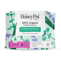A white pack of The Honey Pot Company 100% Organic Cotton Cover Regular Menstrual Pads - Herbal-Infused, with a cooling blend of mint, aloe vera, and lavender, features green and purple floral designs.