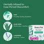 Graphic highlighting benefits of The Honeypot Companys 100% Organic Cotton Cover Regular Menstrual Pads - Herbal-Infused. Mint cools, aloe vera soothes/moisturizes, lavender calms. Product box and herbal illustrations shown.
