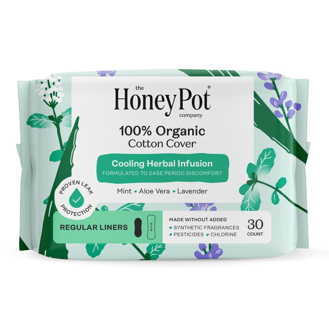 A 30-count package of The Honeypot Company 100% Organic Cotton Cover Pantiliners - Herbal-Infused, featuring mint, aloe vera, and lavender, with leaf and flower illustrations on the packaging.