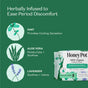 Infographic shows benefits of The Honeypot Company 100% Organic Cotton Cover Pantiliners - Herbal-Infused: mint cools, aloe vera soothes and moisturizes, lavender calms. Includes illustrations of each plant and a pantiliner pack.
