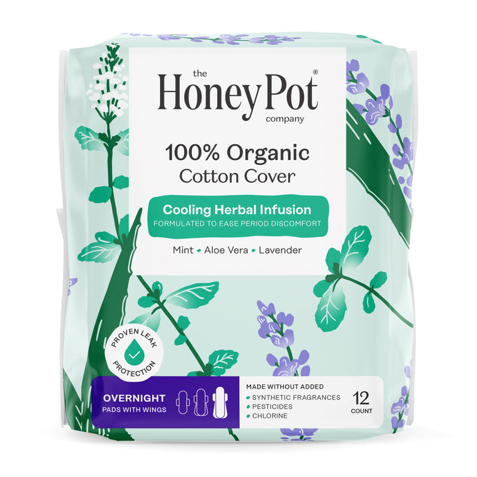 A pack of The Honeypot Companys 100% Organic Cotton Cover Overnight Menstrual Pads - Herbal-Infused features 12 pads with mint, aloe vera, and lavender for cooling comfort. Made with organic cotton cover and wings.