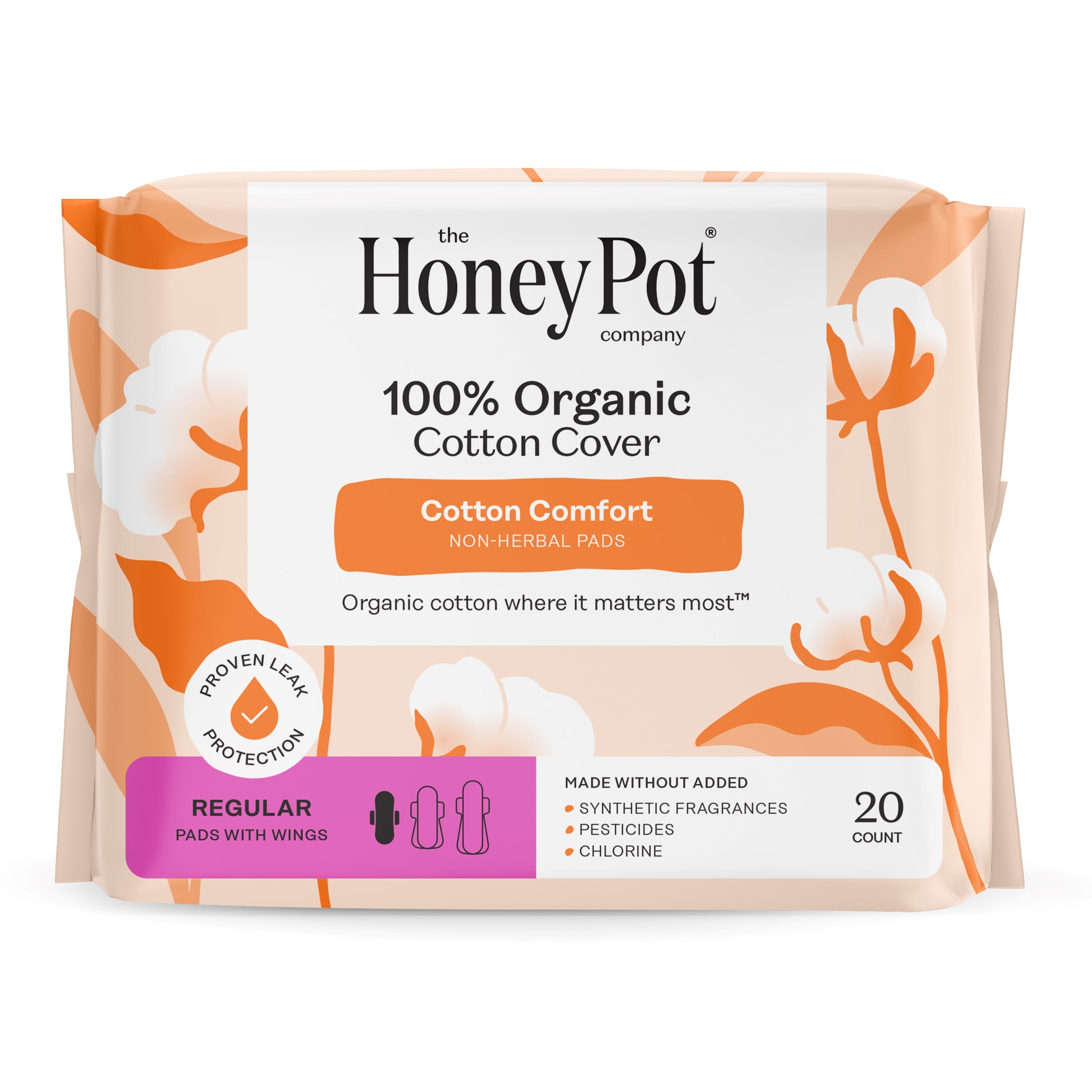 A pack of The Honeypot Company 100% Organic Cotton Cover Pads in a peach and cream floral wrapper; regular, non-herbal pads with wings. Contains 20 sanitary pads.