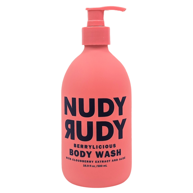 A 16.9 fl oz (500 ml) pink pump bottle of Nudy Rudy Body Wash, enriched with nourishing aloe and cloudberry extract.