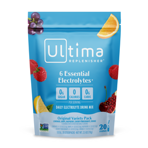 A blue Ultima Replenisher Electrolyte Mix Variety Pack pouch features fruit images and highlights 6 essential electrolytes, sugar-free, 0g sugar, 0 calories, and 0g carbs—ideal hydration for any lifestyle.