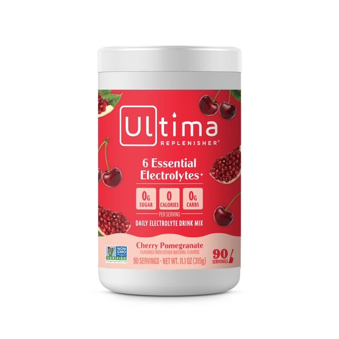 A container of Ultima Replenisher Broad Spectrum Electrolyte Mix – For Hydration offers sugar-free hydration with 6 essential electrolytes, 0 sugar, 0 calories, 0 carbs, and includes 90 servings.