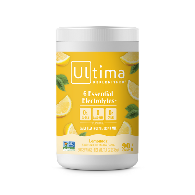 A 90-serving container of Ultima Replenisher Broad Spectrum Electrolyte Mix - For Hydration, featuring 0 sugar, 0 calories, and 0 carbs per serving, contains 6 essential electrolytes for daily hydration.