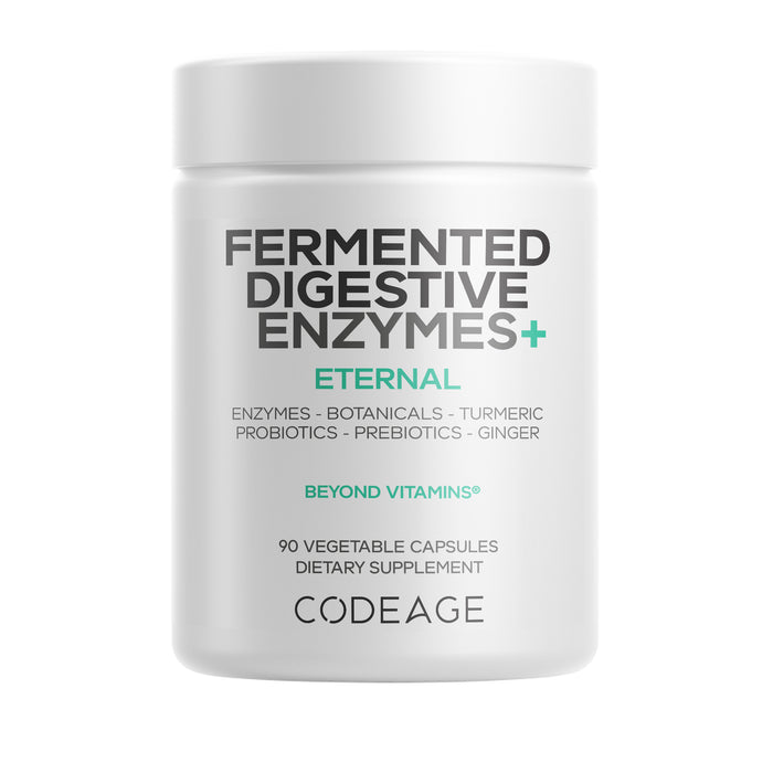 A white bottle of Codeage Fermented Digestive Enzymes contains 90 vegetable capsules with enzymes, organic botanicals, turmeric, probiotics, prebiotics, and ginger shown on the label.
