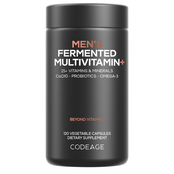 A black bottle labeled Codeage Mens Fermented Multivitamin+ contains 120 vegetable capsules with essential vitamins, CoQ10, probiotics, omega-3, and over 25 minerals—a comprehensive multivitamin for men.