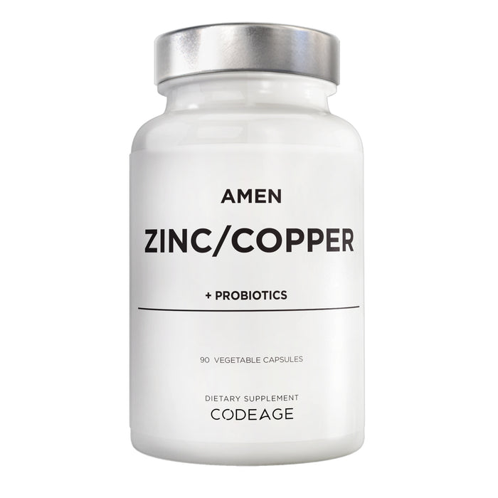 A white bottle labeled Amen Zinc Copper with Probiotics by Codeage, containing 90 vegetarian capsules with zinc picolinate and probiotics, is shown as a dietary supplement against a plain white background.