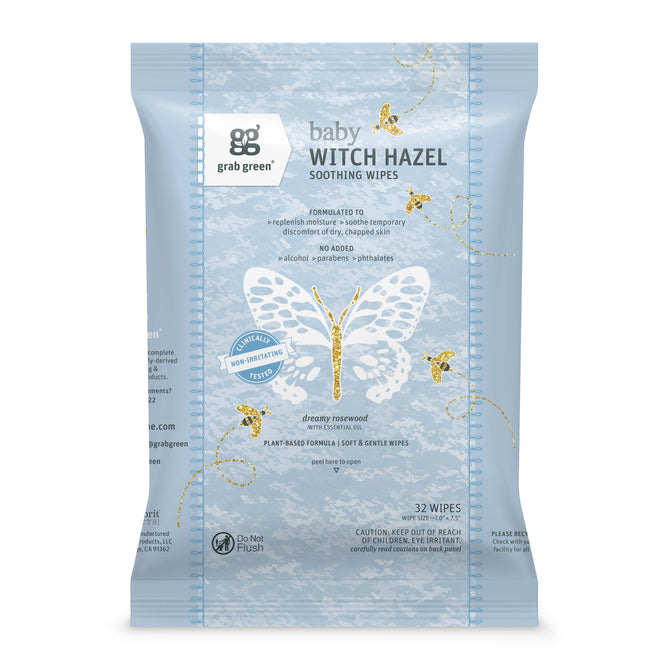 The grab green Baby Wipes - Witch Hazel come in a blue pack with butterfly and floral designs, containing 32 wipes. They feature a plant-based formula with no parabens, ideal for soothing babys skin.