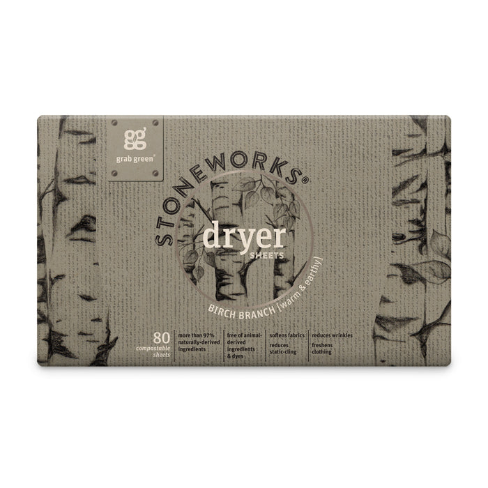 The Stoneworks Dryer Sheets - Birch Branch from Grab Green offer 80 sheets in packaging made with recycled paper, displaying a nature-inspired birch tree design and the Grab Green logo. Experience a dye-free solution for your natural fabric softener needs.