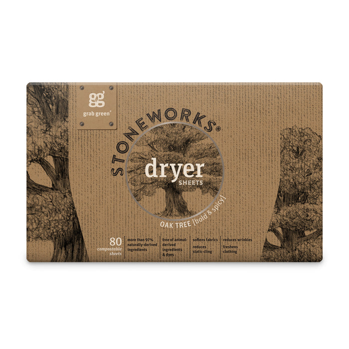 A brown box of grab greens Stoneworks Dryer Sheets - Oak Tree, made from recycled paper, includes 80 compostable sheets. The packaging features black oak tree illustrations and highlights its natural fabric softening and static-reducing capabilities.