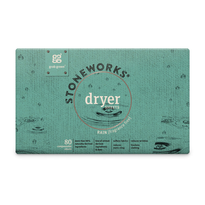 The Stoneworks Dryer Sheets - Rain by grab green feature a green package adorned with artistic line drawings of eyes and raindrops. These 80 compostable sheets, made from recycled paper, provide natural softness and effectively reduce static cling.