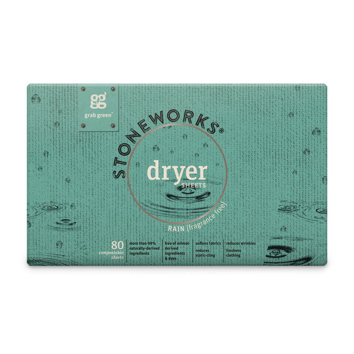 The Stoneworks Dryer Sheets - Rain by grab green feature a green package adorned with artistic line drawings of eyes and raindrops. These 80 compostable sheets, made from recycled paper, provide natural softness and effectively reduce static cling.