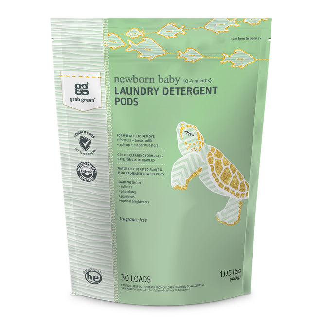 A green bag of grab greens Newborn Laundry Detergent Pods – Fragrance Free – NEW, featuring a turtle design, offers a clean-rinse formula thats fragrance-free and effective on newborn stains. Suitable for 30 loads and contains 1.05 lbs (480g).