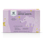 A box of grab green Baby Dryer Sheets (5+ Months) - Rosewood shows a pink and white elephant with a gold star wand on a light purple, starry background. These natural baby dryer sheets provide static reduction and a Dreamy Rosewood scent.
